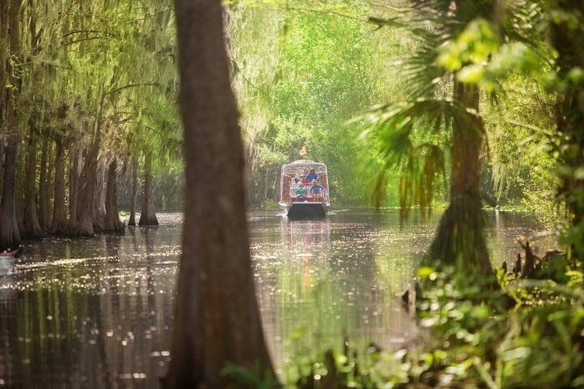 A boat with a colorful decoration on a calm water body surrounded by trees. 3