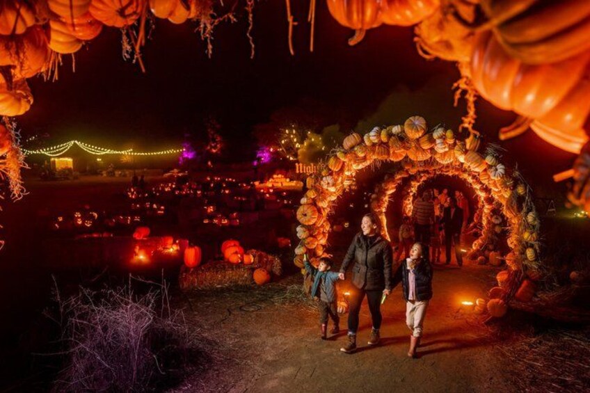 A nighttime scene with a decorative archway made of pumpkins and lights, surrounded by illuminated pumpkins and a festive atmosphere. 1