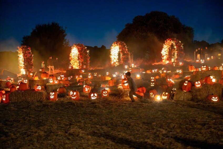A nighttime scene with illuminated jack-o'-lanterns and hay bales. 1