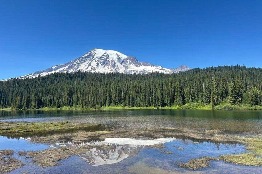 A mountain with a lake in the foreground and a forest in the background. 4