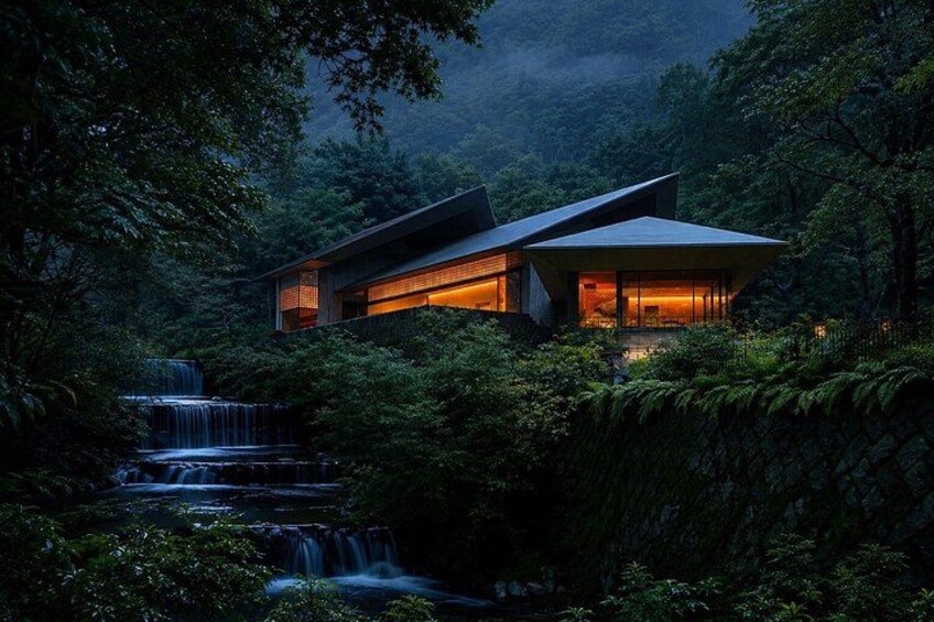 A modern house with a waterfall in the background. 3