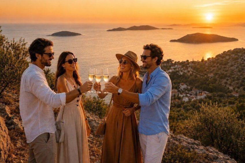 Un grupo de personas brindando con copas de champán en un acantilado con vistas a un paisaje costero al atardecer. 2