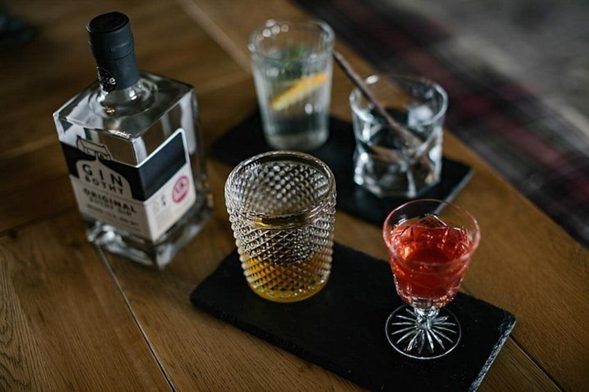 A bottle of gin, a textured glass, and a cocktail with a red garnish on a wooden table. 1