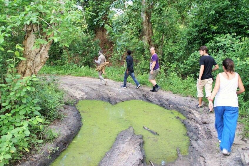 A group of people walking on a muddy path surrounded by lush greenery and a small pond with green algae. 3