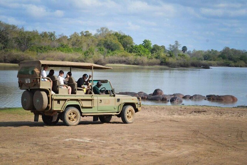 A safari vehicle parked by a river with elephants in the water. 1