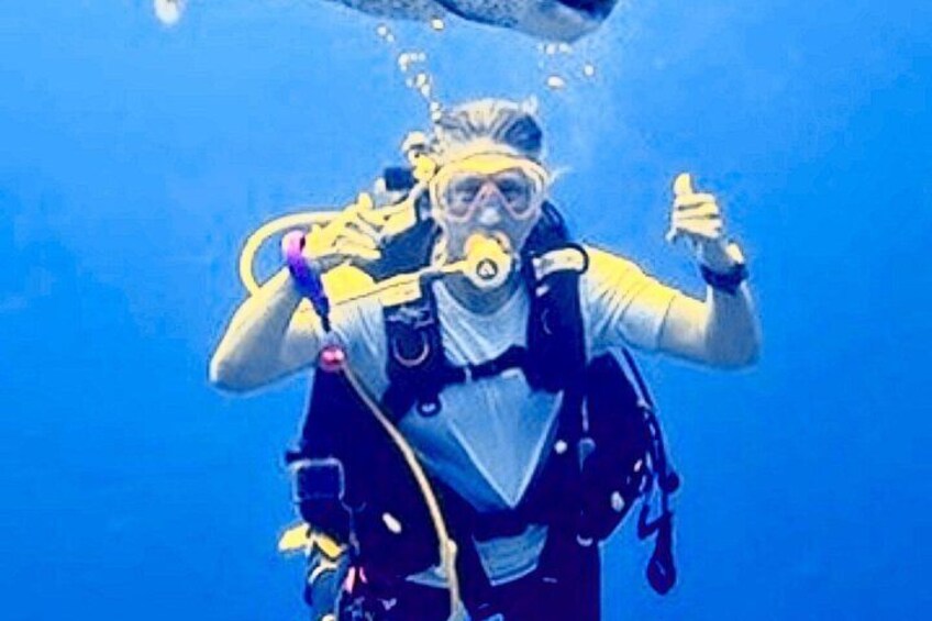 A person underwater with a scuba diving mask and breathing apparatus. 4