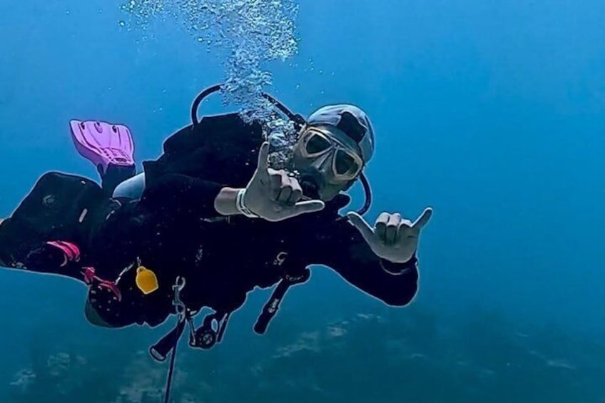 A diver underwater with fins and a mask. 5