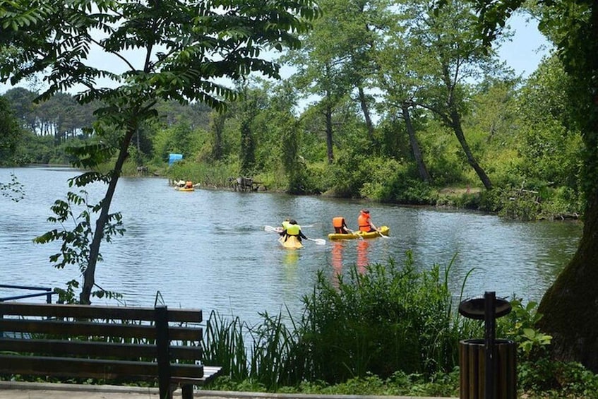 A calm river with kayaks and paddlers. 4