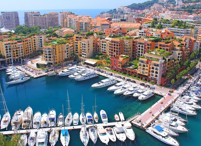 A marina with numerous yachts docked, surrounded by residential buildings with red-tiled roofs. 3