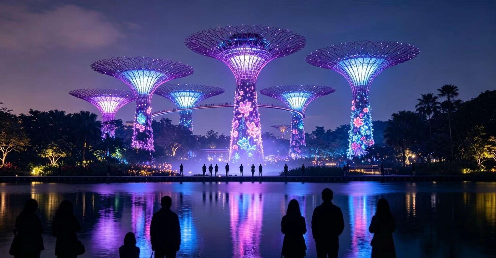 A nighttime view of illuminated structures resembling flower petals with people standing by a reflective water surface. 3