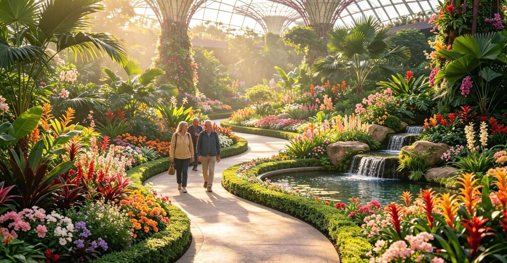 A garden with a curved pathway, lush greenery, and a small waterfall. 2
