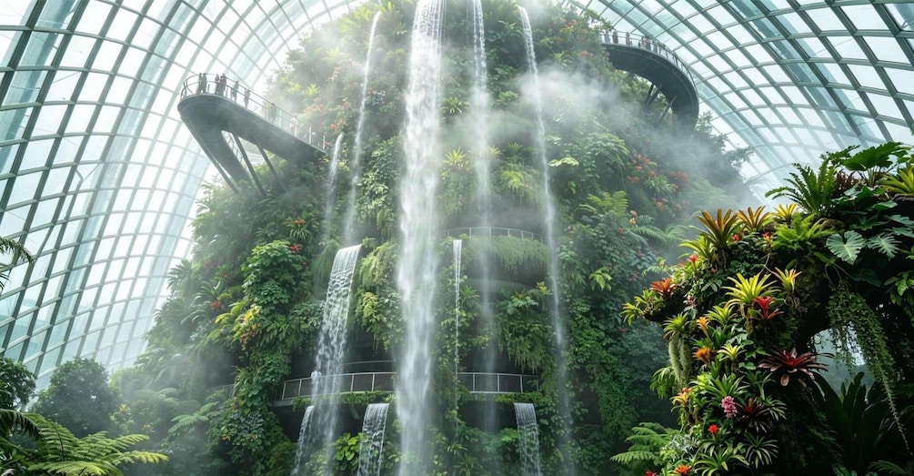 A large indoor garden with multiple waterfalls and lush greenery. 1