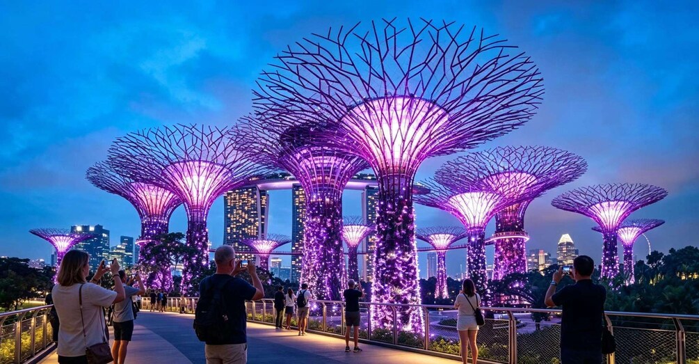 A nighttime view of illuminated structures with a cityscape in the background. 5