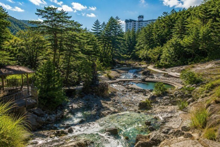 A river flowing through a forested area with a wooden bridge and a building in the background. 5