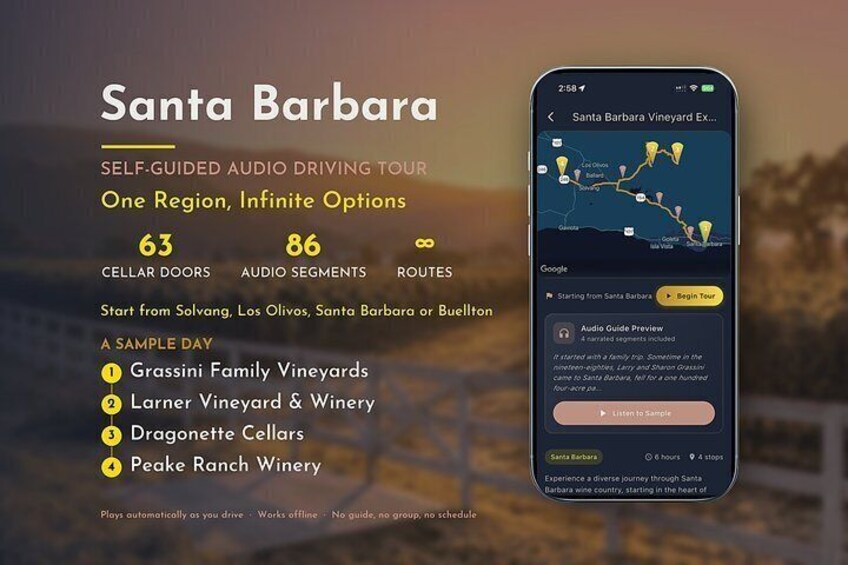 A smartphone displaying a self-guided audio driving tour app for Santa Barbara. 1