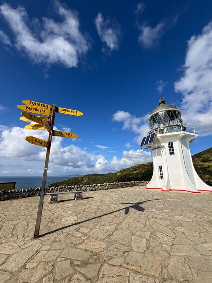 A lighthouse with a signpost indicating distances to various global locations. 1