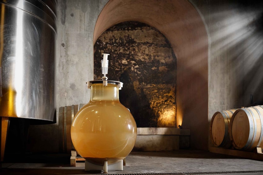 A large stainless steel container, a glass carafe with a pump, and wooden barrels in a rustic setting. 5
