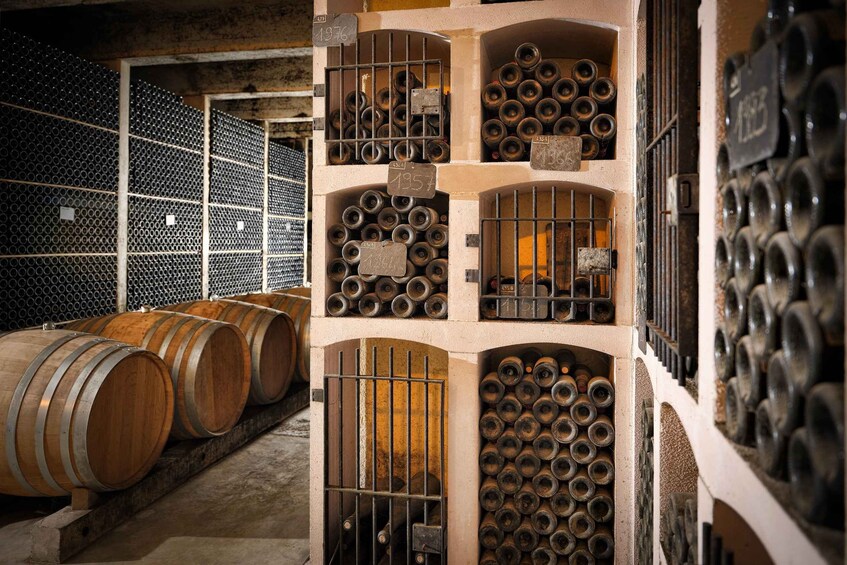 A wine cellar with wooden barrels and metal racks storing wine bottles. 2