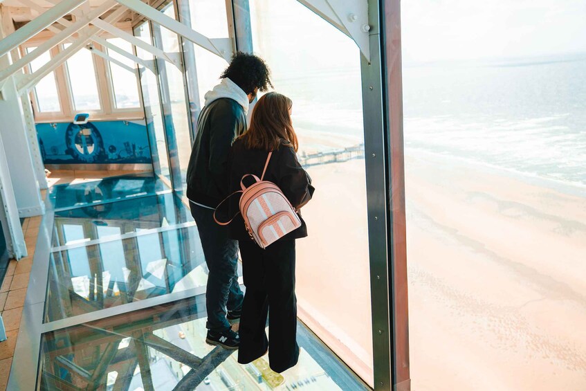 Two people standing in a glass observation area overlooking a beach. 3