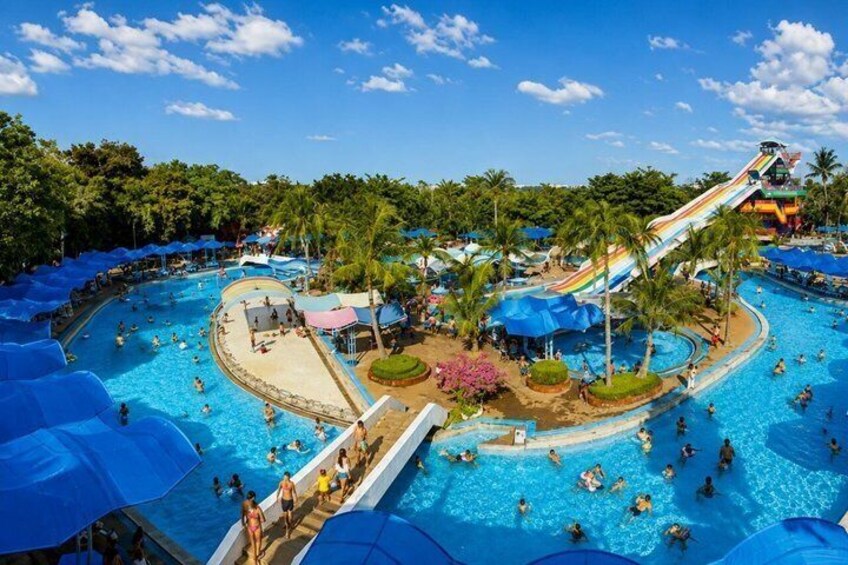 A large outdoor swimming pool with multiple lanes, palm trees, and a water slide. 1