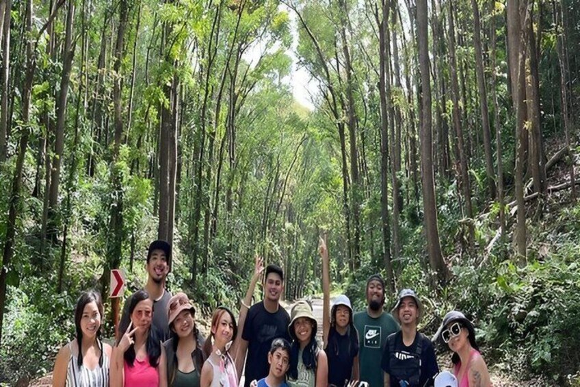 A group of people standing in a forest with tall trees and a dirt path. 2