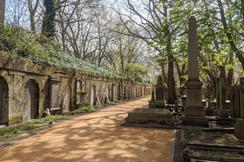 A cemetery with rows of headstones and a dirt path. 4