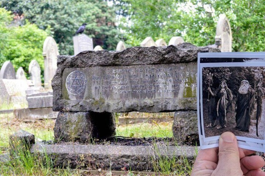 A gravestone with inscriptions and a photograph of two figures. 5