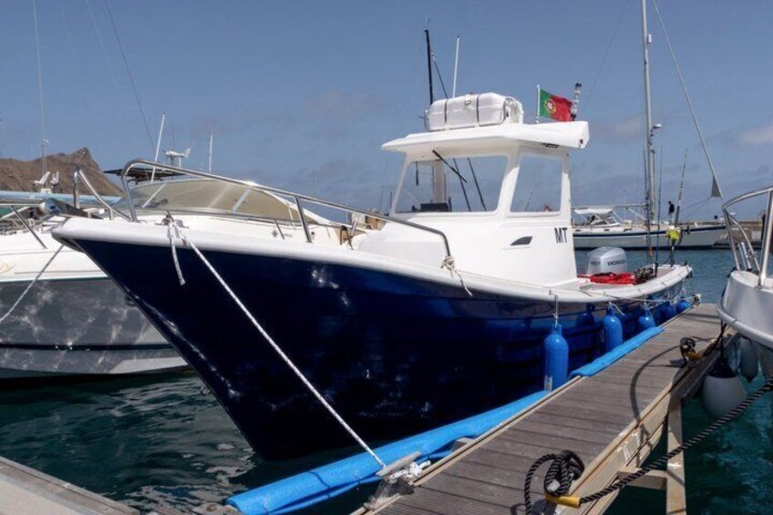 Un barco azul y blanco amarrado en un puerto deportivo, con otros barcos al fondo. 3