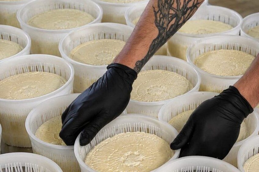 A person wearing black gloves handling containers filled with a white granular substance. 4