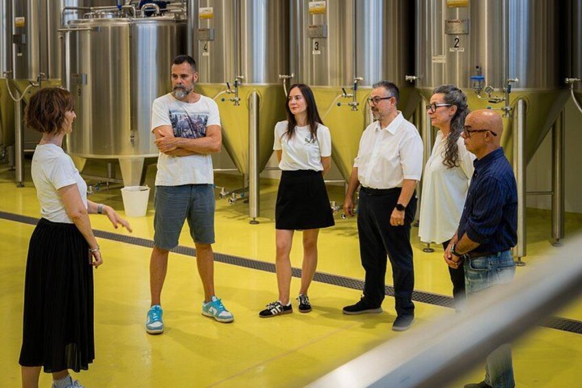 A group of people standing in a brewery with stainless steel tanks in the background. 2