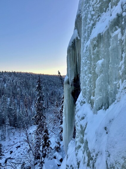 Une falaise enneigée, parée de stalactites, avec une forêt en arrière-plan. 1