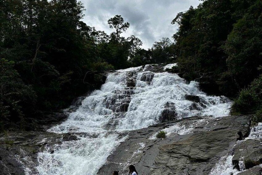 A waterfall cascading over rocks in a forested area. 4