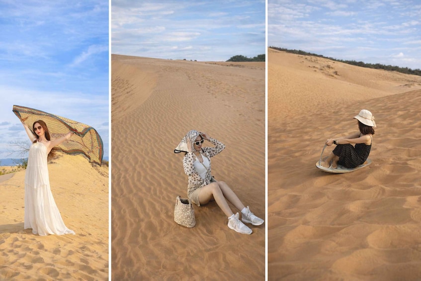 A desert landscape with sand dunes, a person in a white dress, and another person in a patterned outfit sitting on a dune. 5