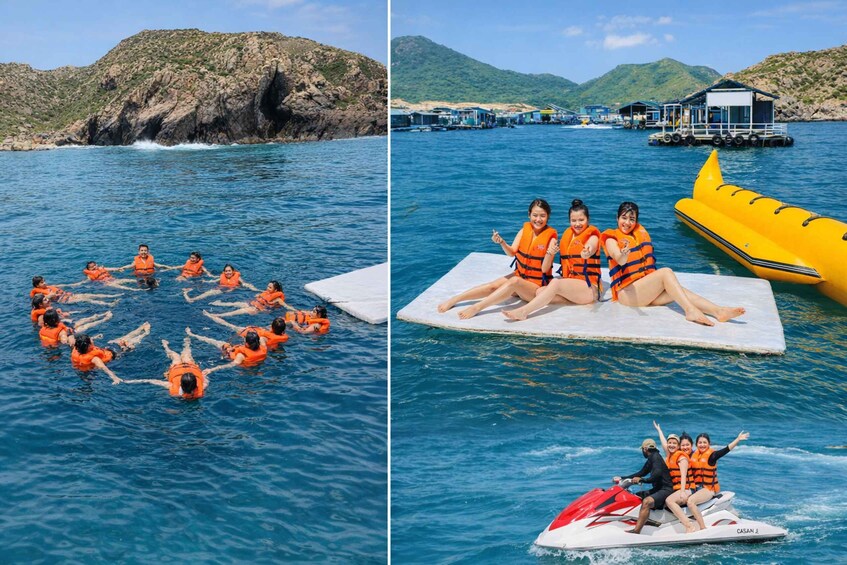 People in water with life jackets, a raft, and a jet ski. 4
