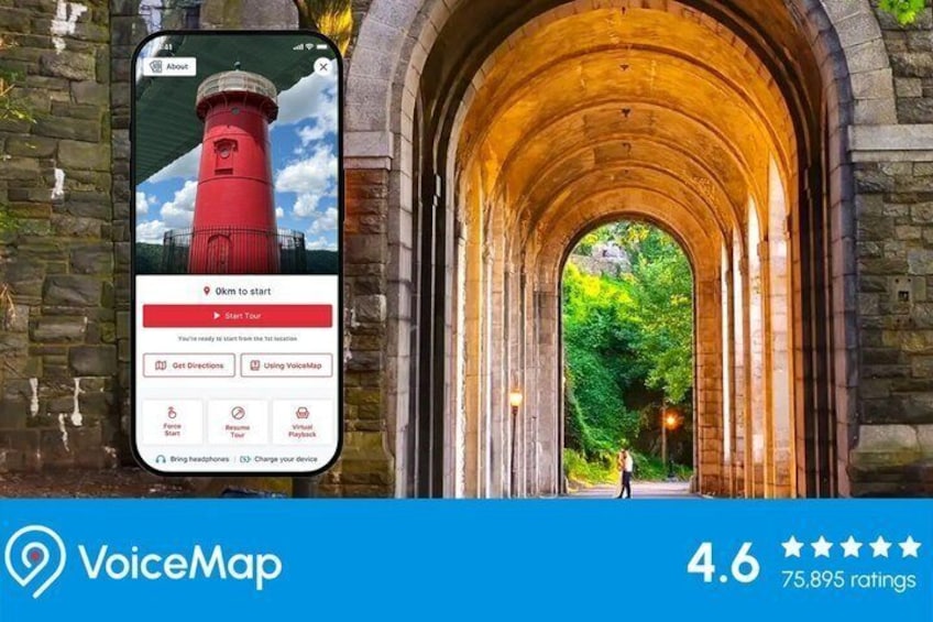 A smartphone displaying a VoiceMap app with a lighthouse and an arched stone tunnel. 2
