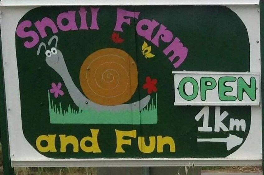 A sign for a small farm with a snail and flowers, indicating it's 1 km away. 2