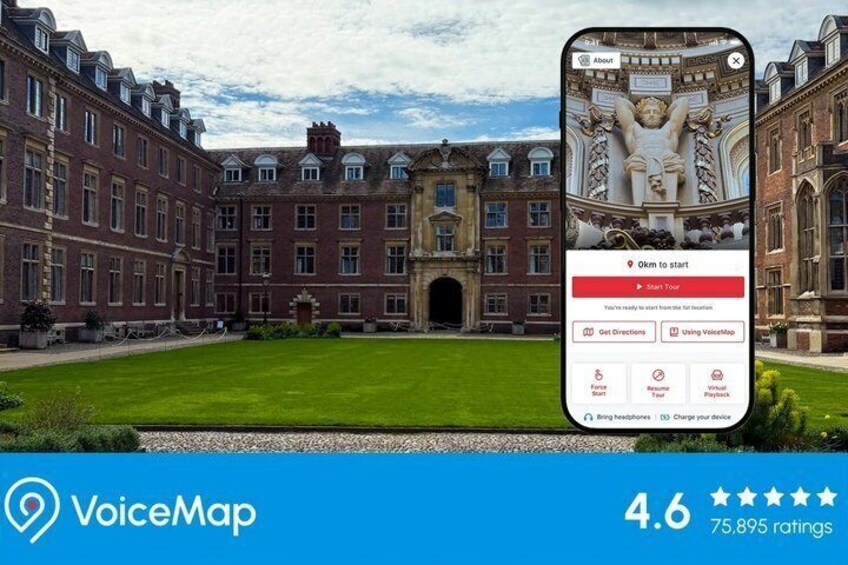 A historic building with a large statue in front, a smartphone displaying a map application, and a rating of 4.6 stars. 1