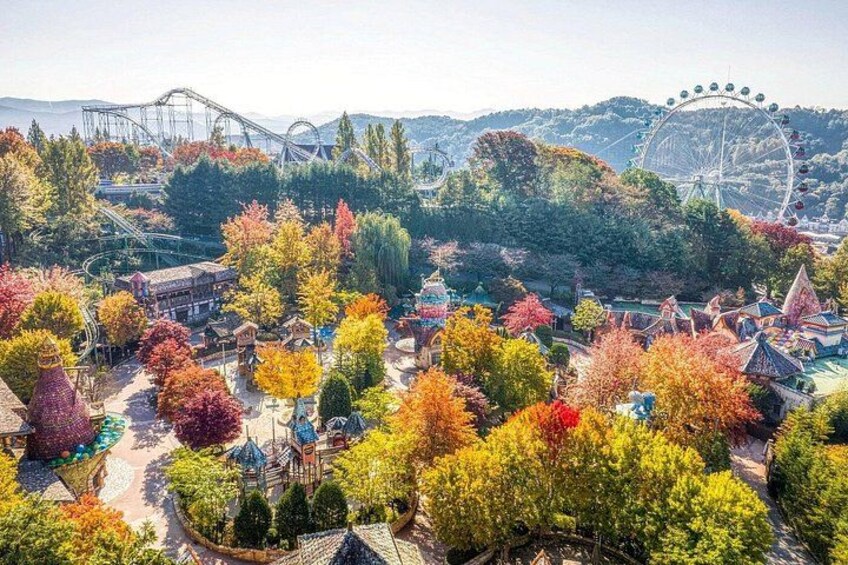 A theme park with roller coasters, a Ferris wheel, and autumn-colored trees. 4