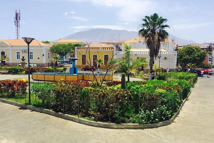 A landscaped area with a fountain, palm trees, and buildings in the background. 2