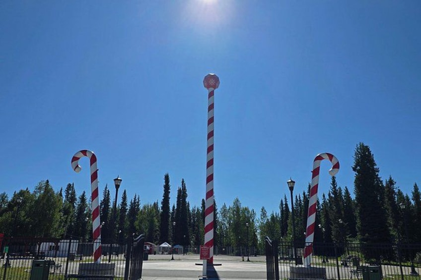 Candy cane poles, a clear blue sky, and a park with trees. 2