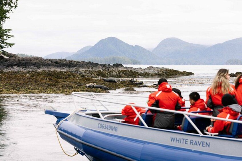 A boat named WHITE RAVEN with people in red jackets on board, a calm lake, and mountains in the background. 2