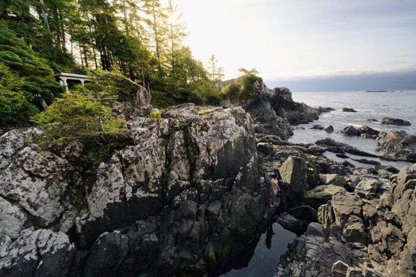 A rocky coastline with a person standing on a cliff overlooking the ocean. 2