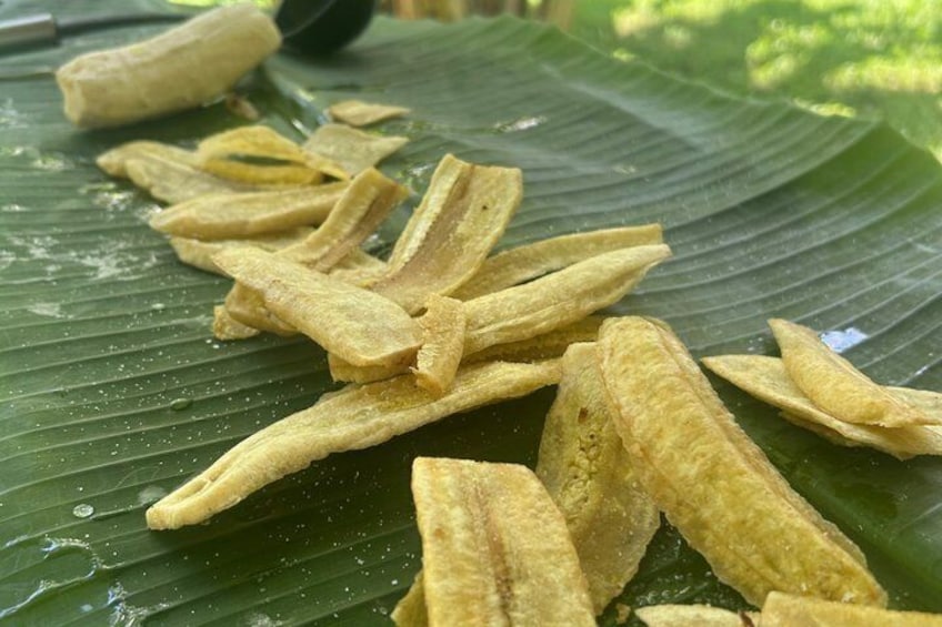 Dried banana slices on a banana leaf. 2