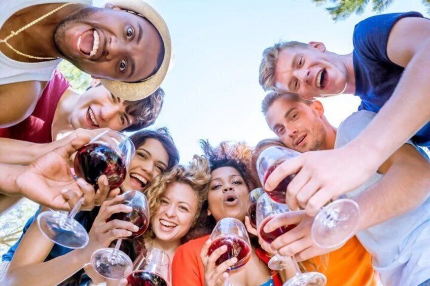 A group of people toasting with wine glasses outdoors. 1