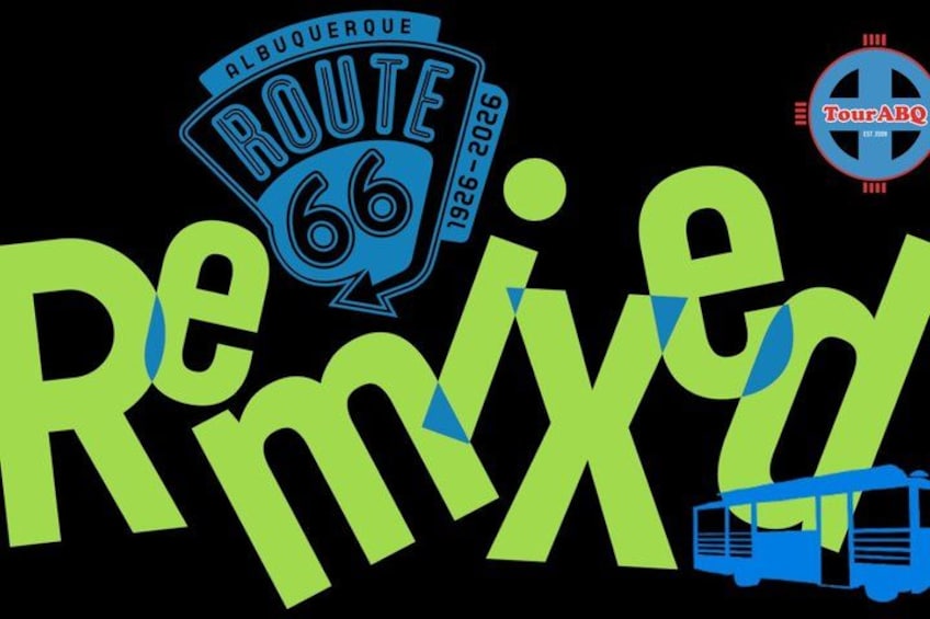 A graphic with Route 66 and a bus. 1
