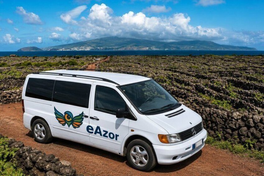 A white van with a logo on the side parked on a dirt road with a rocky landscape and mountains in the background. 2