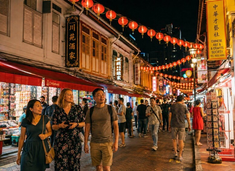 A bustling street market at night with traditional architecture, red lanterns, and various shops. 2