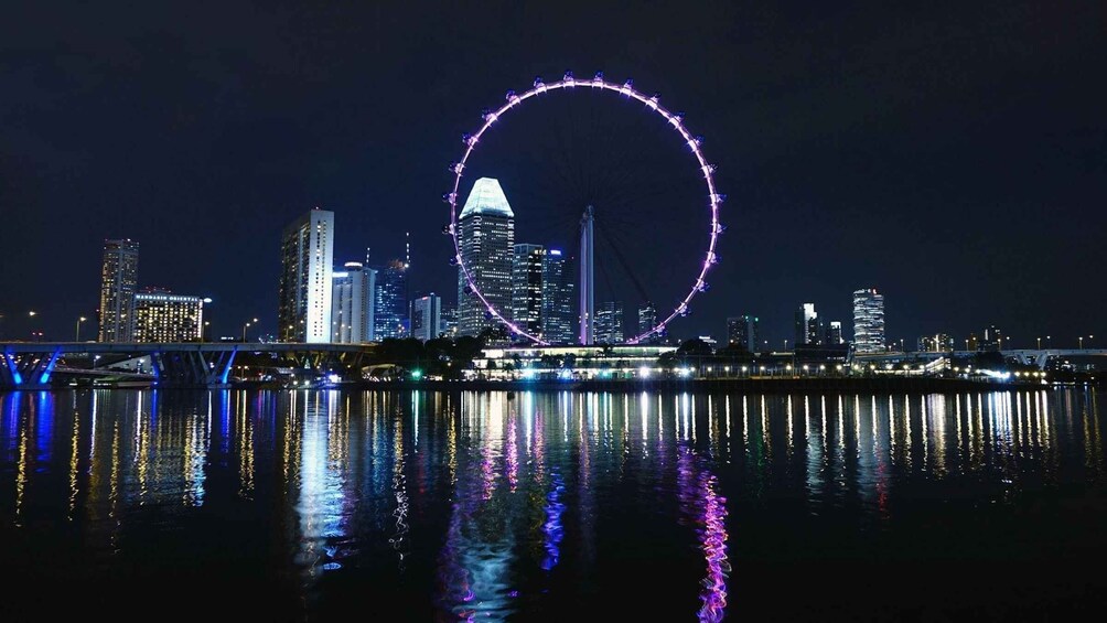 A city skyline at night with a prominent Ferris wheel illuminated in purple. 3