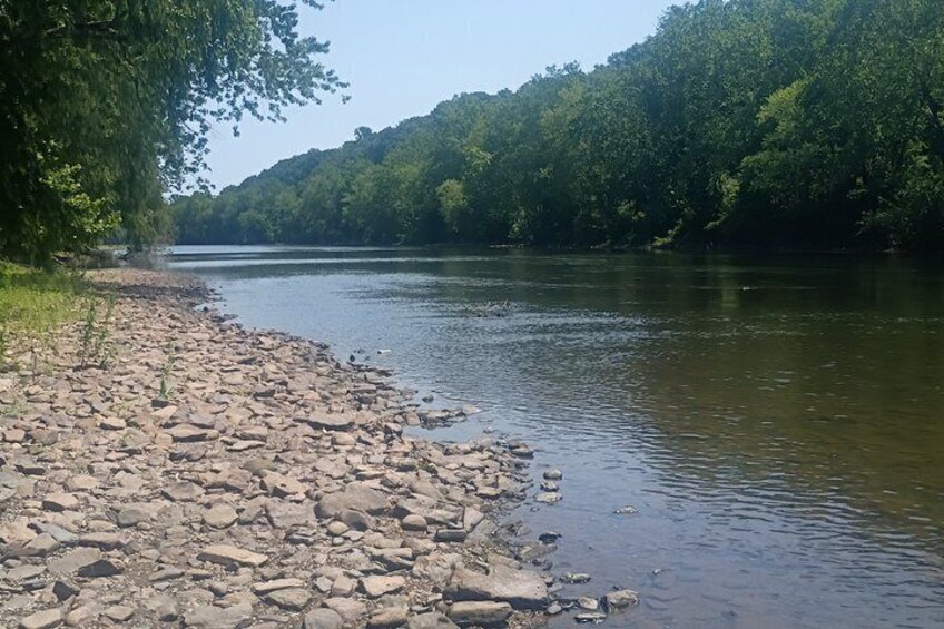 A riverbank with rocks and a forested hillside. 2