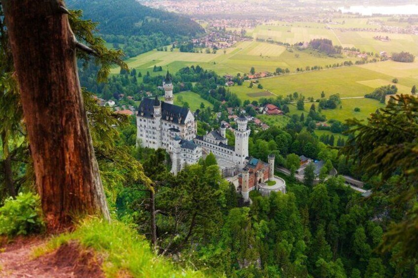 A castle surrounded by lush greenery and rolling hills. 1